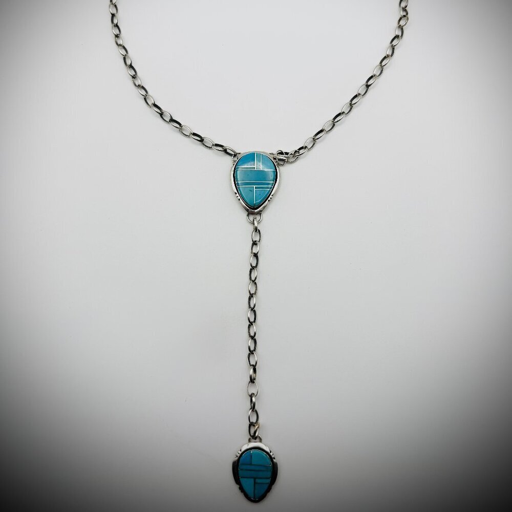 Navajo Priscilla A. Smith Sterling Silver Turquoise Inlay Lariat Necklace – 18″